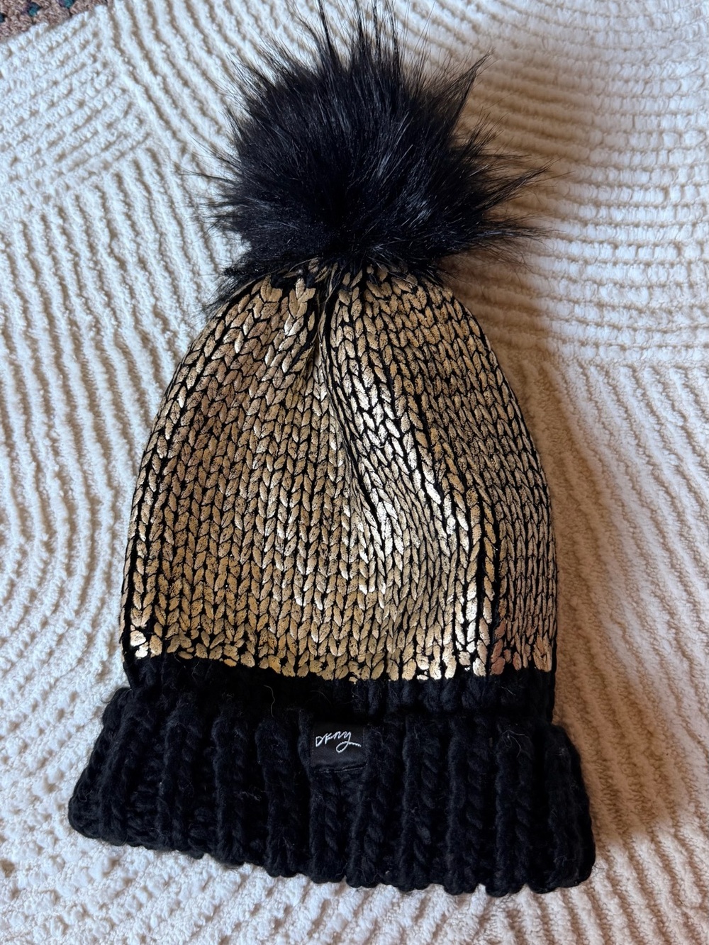 DKNY
Metallic Gold & Black Pom Pom Beanie - Women Accessories